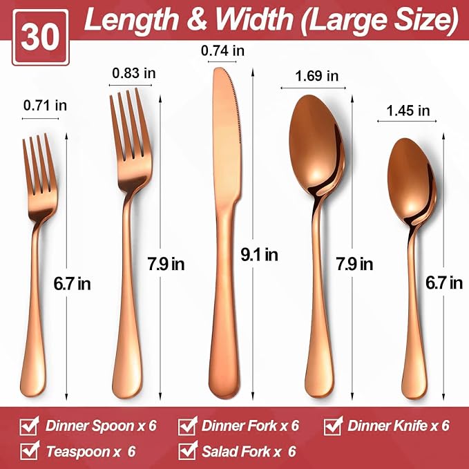 30 Pcs Rose Gold Silverware Set for 6, Food Grade Stainless Steel Flatware Set, Eating Utensils Sets Include Fork/Knife/Spoon,Home Kitchen Tableware Set, Reusable Cutlery Set, Dishwasher Safe-Ruum Studio Home