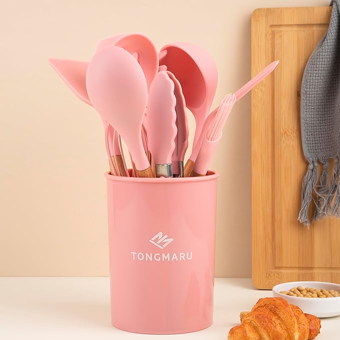 Silicone Cooking Utensils Set, Premium Beech Wood Handle Kitchen Gadgets Utensil Set, Non-Stick Kitchen Utensils Spatula, Tongs, Turner, Whisk, Brush, Spoon, BPA FREE, 446°F Resistant (Pink)-Ruum Studio Home