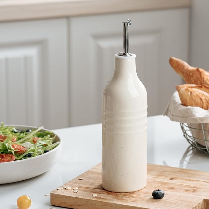 famiware Jupiter 16oz Ceramic Olive Oil Dispenser Bottle, 1 Piece Oil Dispenser for Kitchen with Stainless Steel Pourers, Suitable for Storage Vinegar, Soy Sauce, Coffee Syrup, Vanilla White-Ruum Studio Home