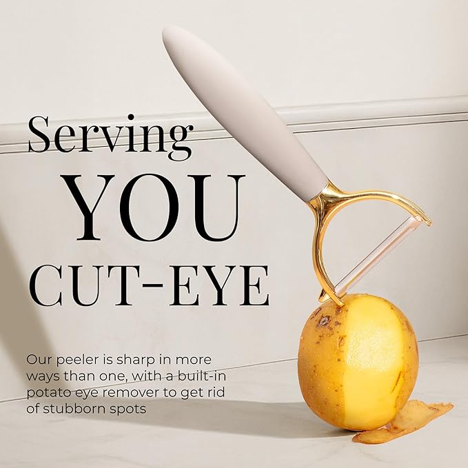 Gold and Beige Kitchen Utensils Set – 8 PC Cooking Gadgets with Mini Gold Whisk and Tongs, Pizza Cutter, Garlic Press, Cheese Grater, Peeler, Can Opener, Scoops – Stylish Beige Kitchen Accessories-Ruum Studio Home