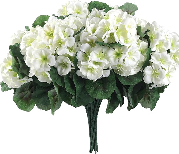 Hananona 12 Pcs Artificial Geranium Flowers for Outdoors Geranium Silk White Flower Outdoor UV Resistant Garden Plants Faux Flowers for Home Kitchen WeddingTable Centerpieces Decor (12, White)-Ruum Studio Home