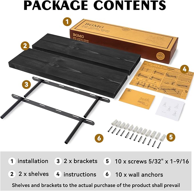 BGMG Wood Floating Shelves 24 inch, Wide Rustic Wooden Wall Shelves for Bathroom Living Room Bedroom Kitchen Farmhouse Set of 2-24x 6.7 x1.25 inch- Black-Ruum Studio Home