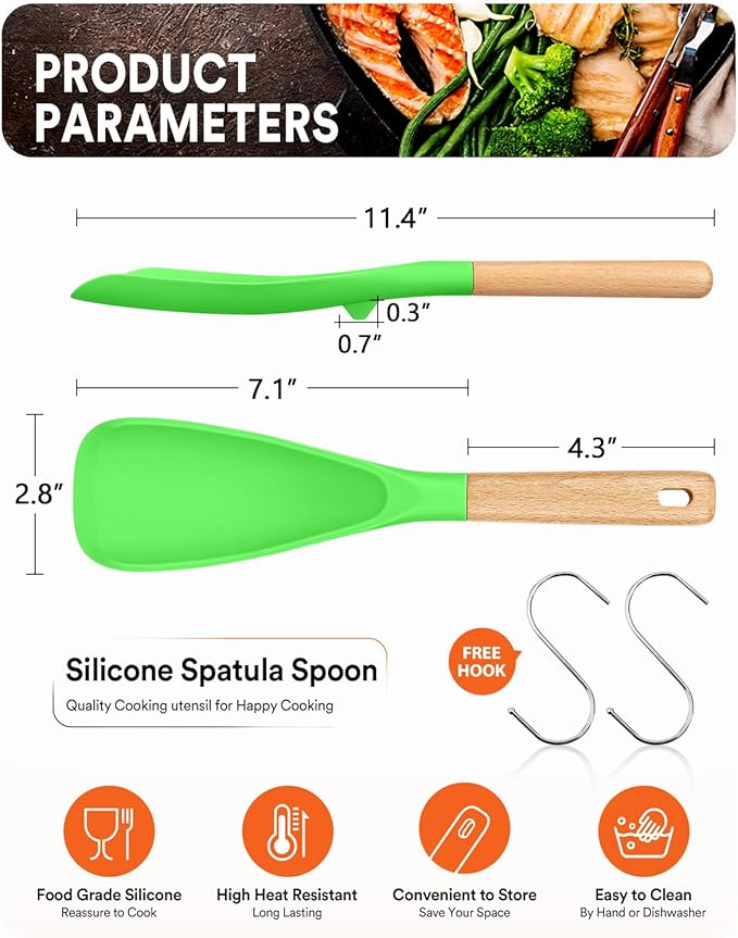 Cooking Spoon for Nonstick Cookwares, Great for Cooking and Serving Sturdy BPA-Free Matte Silicone, Wood Handle Spoon for Mixing, Scoop, and Scrape (AGR, 11.4 inch)-Ruum Studio Home