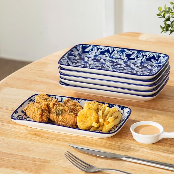 vancasso Selene 8.5 Inch Rectangular Salad Plates Set of 6, Ceramic Salad Plates for Sushi, Dessert, Appetizer, Porcelain Platters for Kitchen Decor, Microwave & Oven Safe, Vintage Blue & White Color-Ruum Studio Home