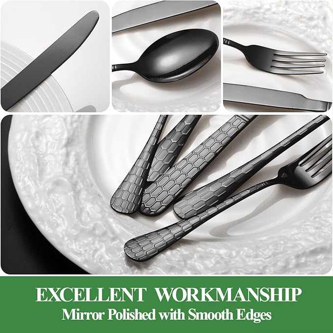 40 Pcs Black Silverware Set for 8 with Water Cube Handle design, Food Grade Stainless Steel Flatware Set, Eating Utensils Sets Include Fork/Knife/Spoon, Reusable Cutlery Set, Dishwasher Safe-Ruum Studio Home