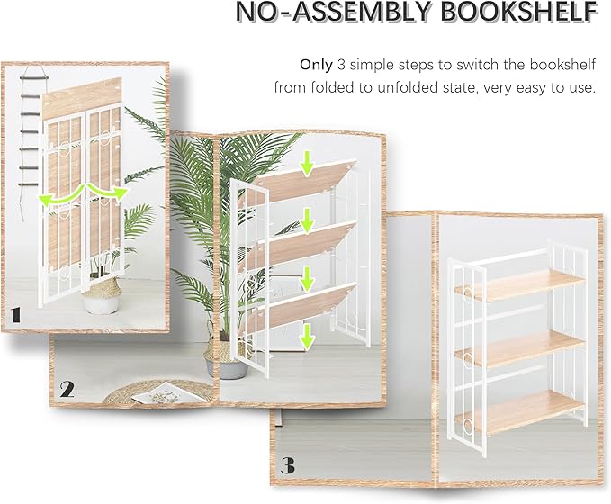 4NM No Assembly 3 Tiers Folding Bookshelf, 35" H Foldable Storage Shelves Vintage Bookcase Standing Racks Study Organizer Home Office - Natural White-Ruum Studio Home