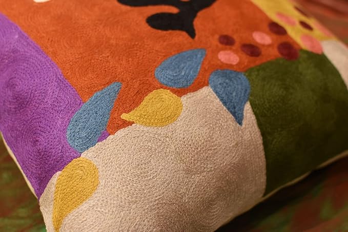Matisse Coral Pillow Cover | Orange Modern Pillows | Modern Chair Cushion| Farmhouse Pillows | Flower Outdoor Pillow | Mid Century Chair Cushion | Hand Embroidered Wool Size 18x18-Ruum Studio Home