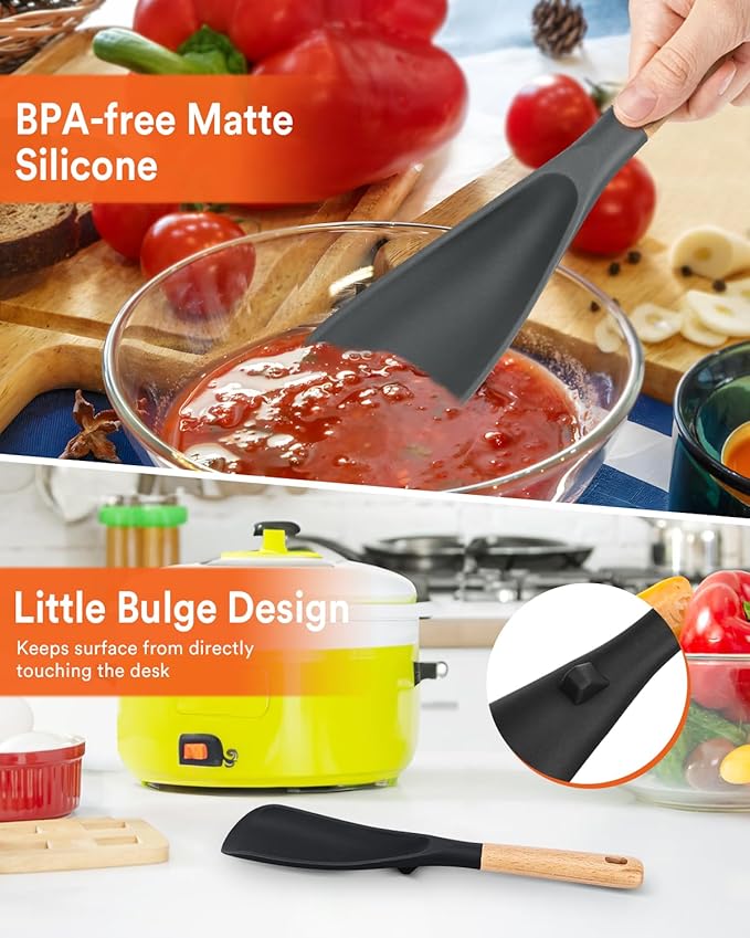 Cooking Spoon for Nonstick Cookwares, Great for Cooking and Serving Sturdy BPA-Free Matte Silicone, Wood Handle Spoon for Mixing, Scoop, and Scrape (Black & Grey, 11.4 inch)-Ruum Studio Home