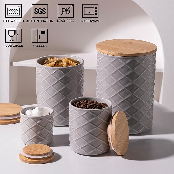 Sweejar Ceramic Canisters Sets for Kitchen Countertop, Relief Food Storage Jar with Bamboo Lid, Stackable Container for Flour, Coffee, Pasta, Cereal, Tea, Cookies, Sugar, Spices, Pack of 4 (Gray)-Ruum Studio Home