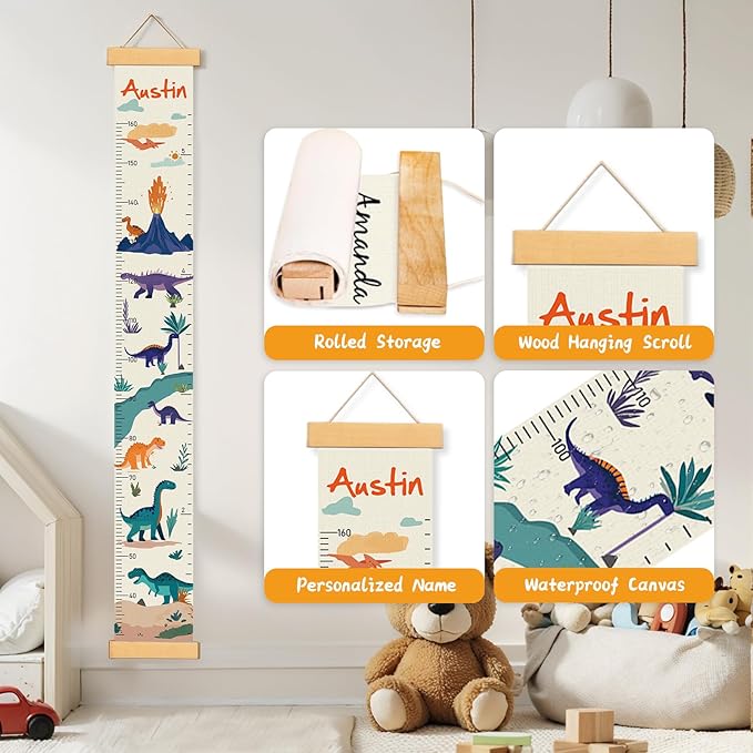 Personalized Name Growth Chart Wall Decor for Kids – Canvas Removable Height Chart Measuring Ruler 59" x 7.9" (Dinosaurs)-Ruum Studio Home