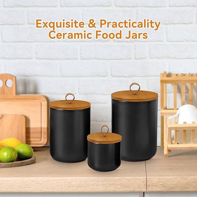 Canister Sets for Kitchen,Ceramic Kitchen Canisters for Countertop with Airtight Wood Lids for Serving Ground Coffee, Tea, Spice, Grains, Sugar, Salt (Black Pack of 3 (8.7/27/44 Oz))-Ruum Studio Home