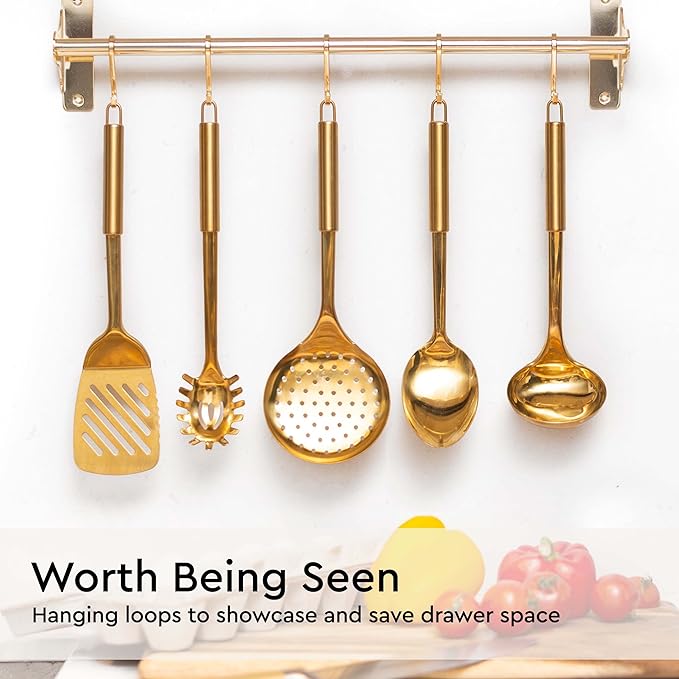 Gold Cooking Utensils Set – 5-Piece Stainless Steel Kitchen Tools for Modern Cooking and Serving – Dishwasher Safe Ladle, Spoon, Spatula, Pasta Fork, Luxury Brass Kitchen Accessories for Home Chefs-Ruum Studio Home