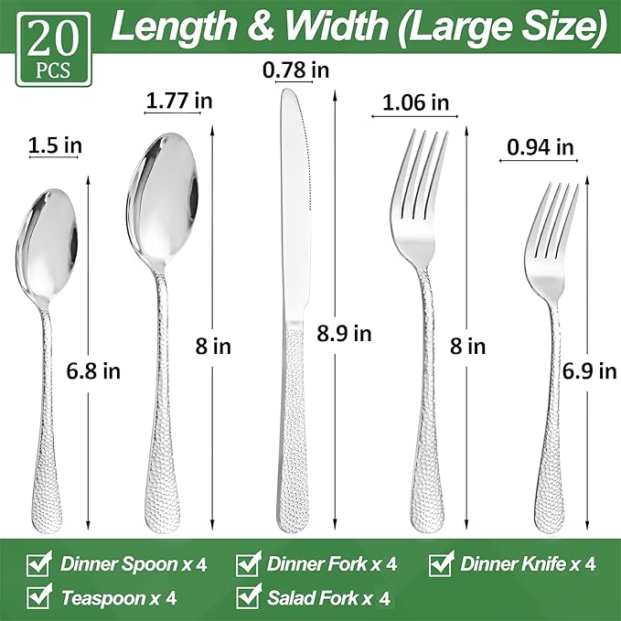 20 Pcs Silverware Set for 4 with Hammered Design, Food Grade Stainless Steel Flatware Set, Eating Utensils Sets Include Fork/Knife/Spoon, Reusable Cutlery Set, Dishwasher Safe-Ruum Studio Home