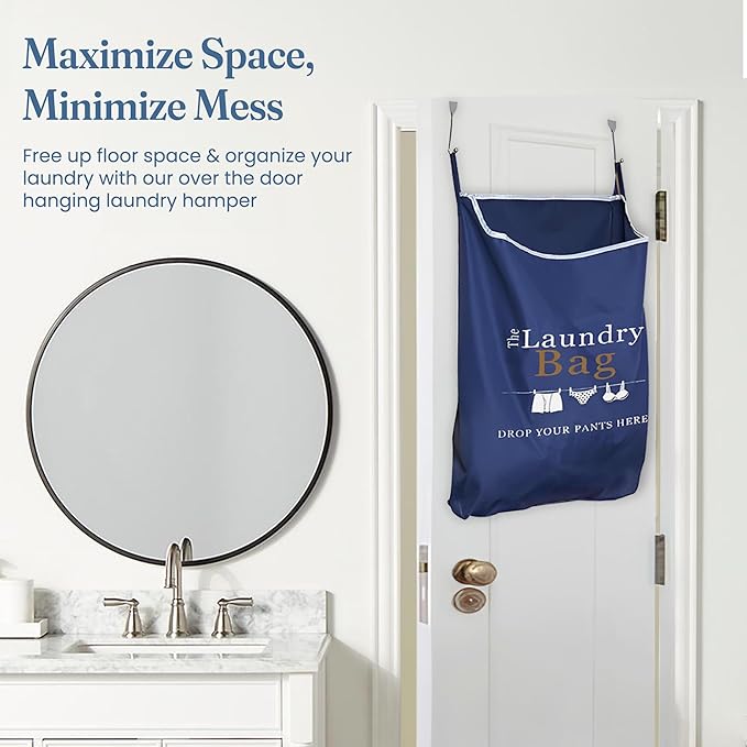 Fine Living Co. Large Hanging Laundry Hamper with Over Door Hooks & Adhesive, Durable Space Saving Laundry Bag with Zipper and Wide Open Top, Hanging Dorm Laundry Hamper (Navy Blue with Print-XL)-Ruum Studio Home