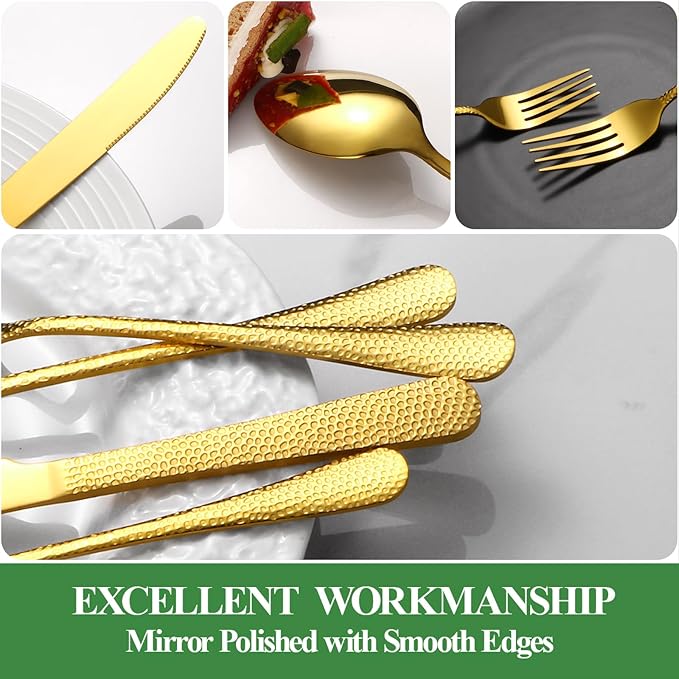 20 Pcs Gold Silverware Set for 4 with Hammered Design, Food Grade Stainless Steel Flatware Set, Eating Utensils Sets Include Fork/Knife/Spoon, Cutlery Set, Dishwasher Safe-Ruum Studio Home