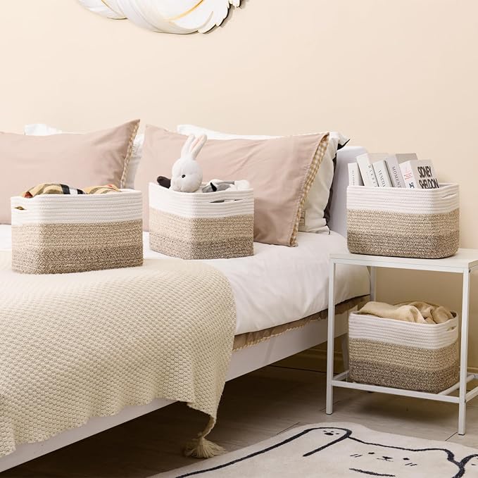 Shelf Baskets for Organizing, Storage Baskets for Shelves, Woven Baskets for Storage, Cotton Rope Baskets with Handles for Toy, Book, Clothes, 12.5"Lx9.1W"x7.9H", (4 Packs) Gradient Brown-Ruum Studio Home