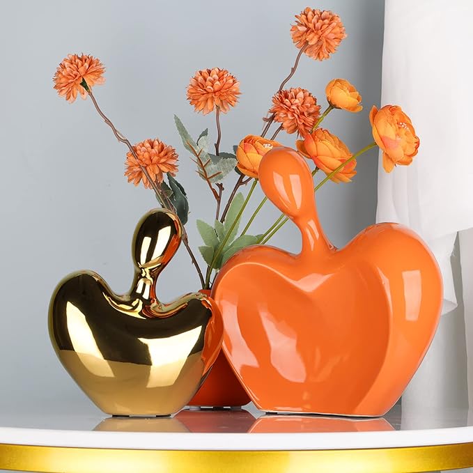 XMGZQ Orange and Gold Ceramic Couple Figurines Home Decor,Wedding Engagement Romantic Gift for Husband Wife,Large Male and Female Love Statue Valentine's Day Birthday,Abstract Hugging Couple-Ruum Studio Home