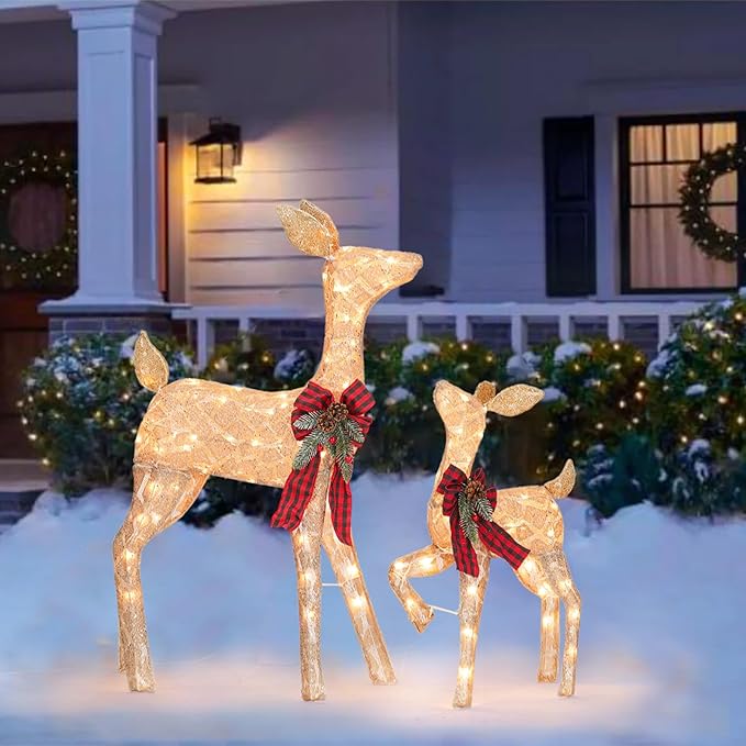 2 Pcs Reindeer Christmas Decoration, Xmas Lighted Golden Shimmering Doe and Fawn Display Set with 105 Warm White Lights for Yard Lawn Indoor Outdoor-Ruum Studio Home