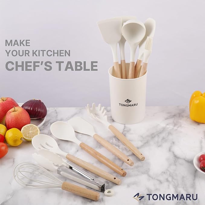 Silicone Cooking Utensils Set, Premium Beech Wood Handle Kitchen Gadgets Utensil Set, Non-Stick Kitchen Utensils Spatula, Tongs, Turner, Whisk, Brush, Spoon, BPA FREE, 446°F Resistant (White)-Ruum Studio Home