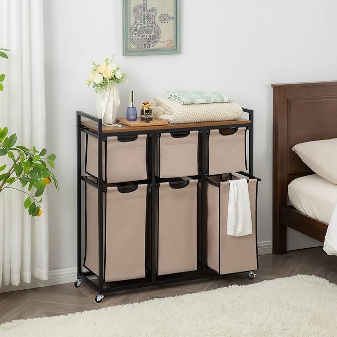 Laundry Basket Organizer, Hampers for Laundry 6 Compartments, Laundry Hamper with 6 Sliding Laundry Sorter Bags, Top Storage Shelf, and Metal Frame (6 Compartments)-Ruum Studio Home