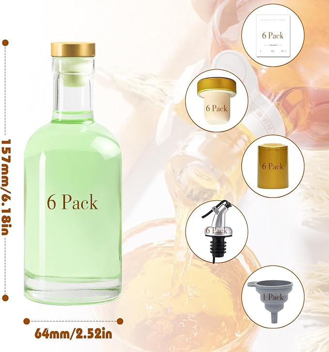 Olive Oil Dispenser Bottle for Kitchen, Clear Glass Oil and Vinegar Dispenser Set, Coffee Syrup Dispenser, Container With Metal Pour Spout, Airtight Lid, Funnel, Waterproof Labels (200ml-6 Pack)-Ruum Studio Home