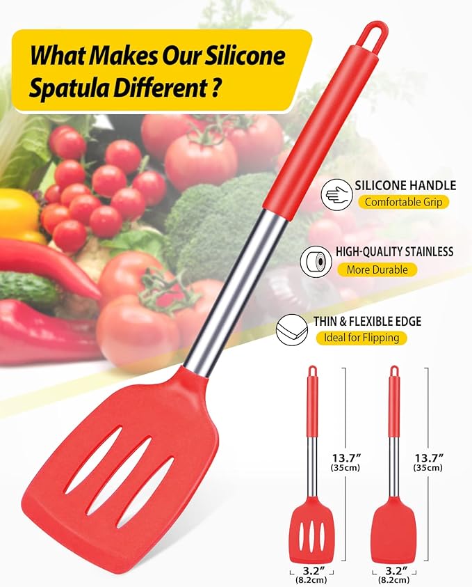 Pack of 2 Silicone Solid Turner, Non Stick Slotted Kitchen Spatulas, High Heat Resistant BPA Free Cooking Utensils, Ideal Cookware for Fish, Eggs, Pancakes(Red)-Ruum Studio Home