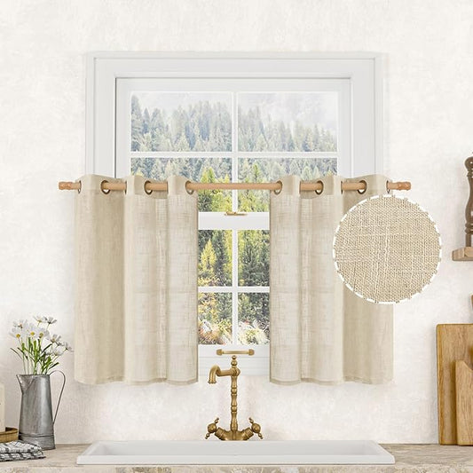 LAMIT Short Window Linen Curtains 30 Inch Length for Cafe, Semi Sheer Light Filtering Panels Bronze Grommet Cafe Drapes for Half Window, 2 Panels, Linen, 34 x 30 Inch-Ruum Studio Home