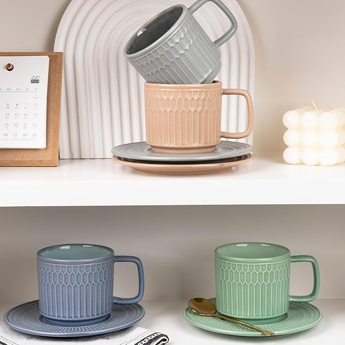 Large Cappuccino Cups with Saucers Set of 4, 8 Ounce Stackable Embossed Ceramic Coffee Mugs for Specialty Coffee Drinks, Latte, Cafe Mocha and Tea, Dishwasher & Microwave Safe (Mix)-Ruum Studio Home