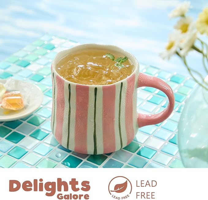 Striped Ceramic Coffee Mugs Set - 2 Pack, Pink & Green,Perfect for Morning Brew or Tea and Cocoa - for Coffee Lovers