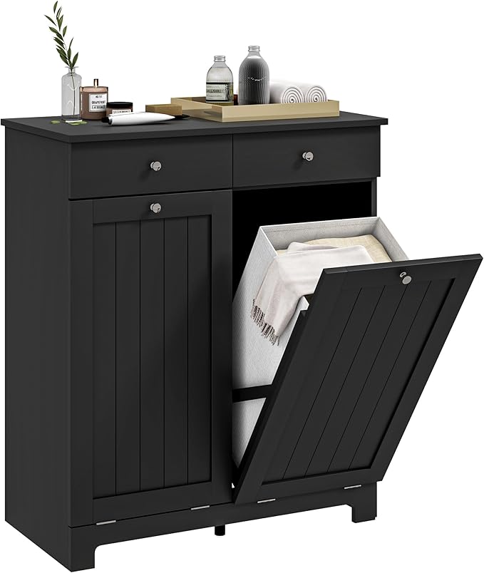 HOMCOM Laundry Hamper Cabinet with 2 Removable Baskets, Tilt Out Laundry Hamper Cabinet with 2 Drawers and 2 Beadboard Doors, Laundry Cabinet Bathroom Storage Cabinet, Black-Ruum Studio Home