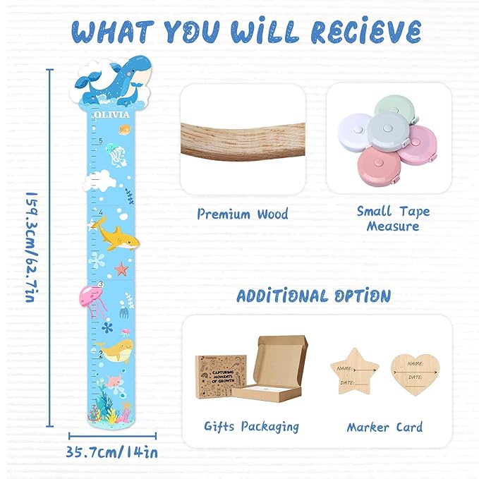 Personalized Name Growth Chart, Marine Animals Wooden Growth Chart for Kids, Height Chart for Boys Girls, Measuring Board for Kids Height for Child's Room, Nursery Decor Decoration-Ruum Studio Home