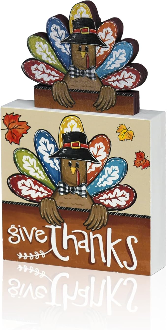 Smile Thanksgiving Wooden Decor Indoor, Turkey Decor Give Thanks Box Sign, Thanksgiving Table Tiered Tray Kitchen Decorations-Ruum Studio Home