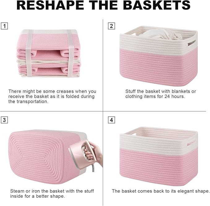 4 Pack Storage Baskets for Organizing, Woven Baskets for Shelves - Perfect for Toys, Books, Towels, and Clothes, Durable Gift Basket Bins Toy Storage, 12.7''Lx9''Wx7.8''H, Pink & White-Ruum Studio Home