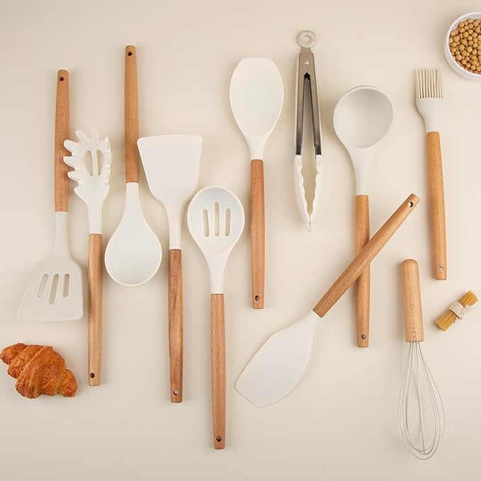 Silicone Cooking Utensils Set, Premium Beech Wood Handle Kitchen Gadgets Utensil Set, Non-Stick Kitchen Utensils Spatula, Tongs, Turner, Whisk, Brush, Spoon, BPA FREE, 446°F Resistant (White)-Ruum Studio Home