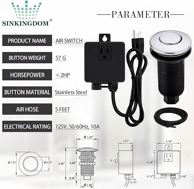 Garbage Disposal SinkTop Air Switch Kit with Long Button,Brass Made Cover,Chrome-Ruum Studio Home