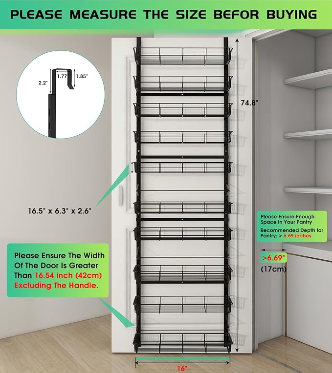 10-Tier Over The Door Pantry Organizer, Pantry Organization and Storage, Black Metal Hanging Adjustable Basket, Wall Spice Rack Seasoning Shelves, Home & Kitchen Essentials-Ruum Studio Home