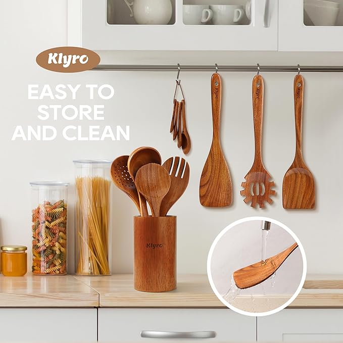 Wooden Spoons for Cooking, Nonstick Kitchen Utensils Set with 4 Piece Measuring Spoons, Comfort Grip Wooden Spatula Set, 9 Piece Teak Wooden Cooking Utensils with Holder and Spoon Rest-Ruum Studio Home