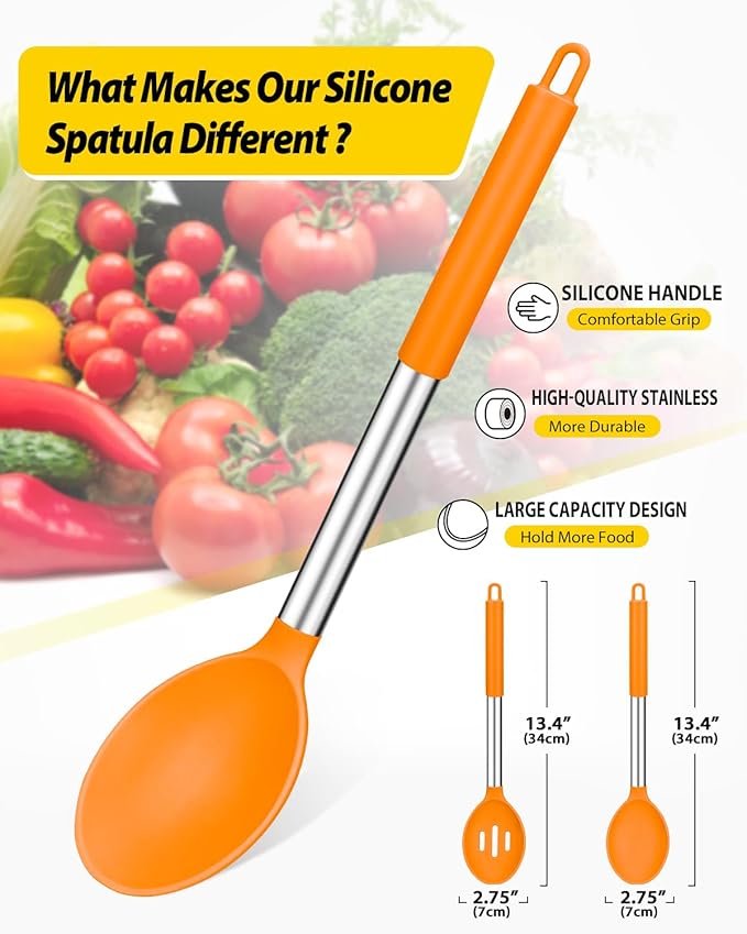 Pack of 2 Large Silicone Cooking Spoons,Non Stick Solid Basting Spoon,Heat-Resistant Kitchen Utensils for Mixing,Serving,Draining,Stirring (ORANGE)-Ruum Studio Home