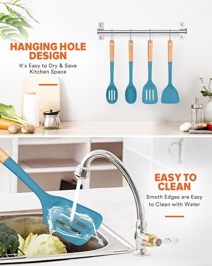 Silicone Cooking Utensils Set, Perfectly Angled for Frying, Mixing,Serving,Draining,Turning and Stirring, BPA-Free Matte Silicone, Wood Handles, Safe for Nonstick Cooking Surfaces,4 Pack (Blue)-Ruum Studio Home