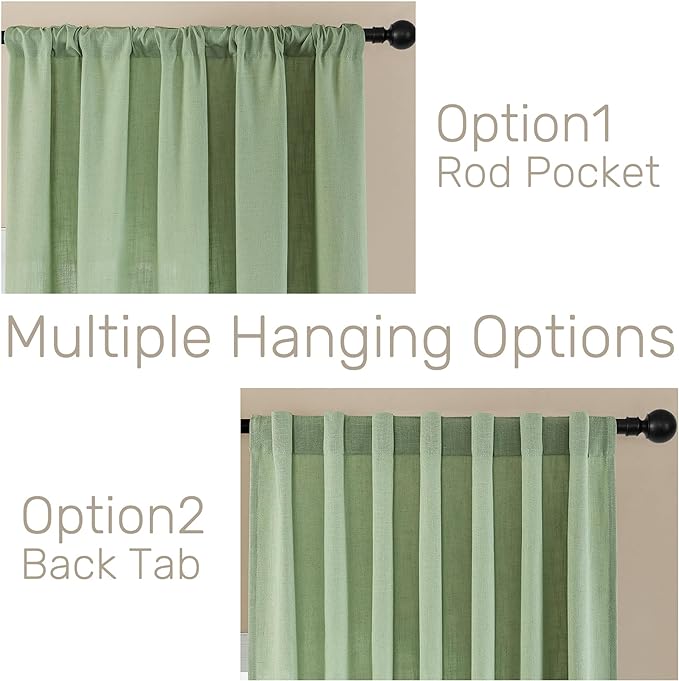 Joydeco Linen Curtains for Living Room,Light Filtering Rod Pocket Back Tab Semi Sheer Drapes Window Long Curtains 90 inches Long Sage Green-Ruum Studio Home