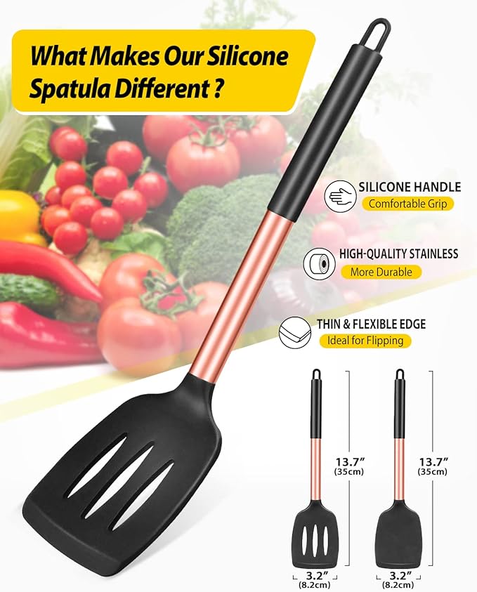 Pack of 2 Silicone Solid Turner, Non Stick Slotted Kitchen Spatulas, High Heat Resistant BPA Free Cooking Utensils, Ideal Cookware for Fish, Eggs, Pancakes(Rose Gold Black)-Ruum Studio Home