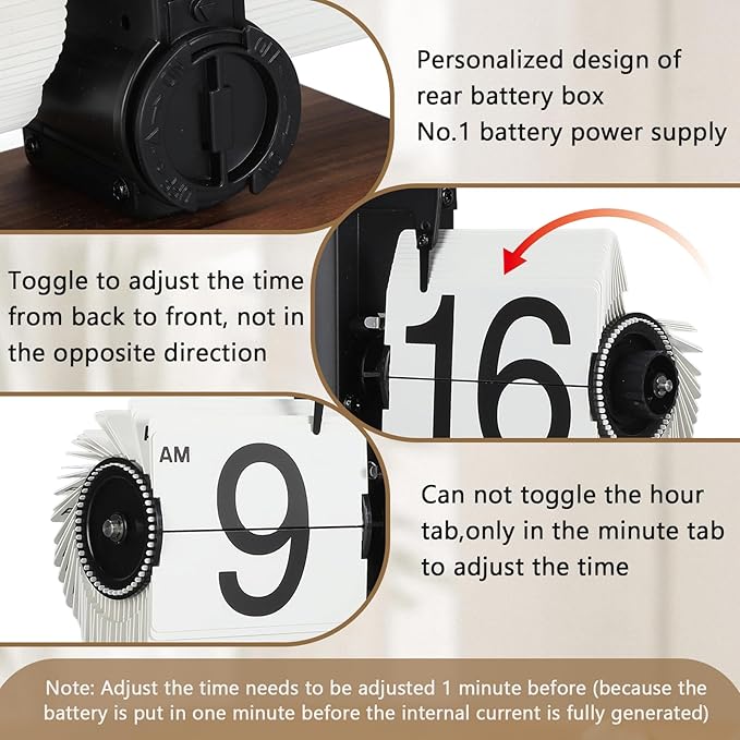 Flip Desk Clock, Retro Vintage Flip Desk Table Clock, Digital Sided Large Numbers Mechanical Flip Clock Wood Base for Living Room, Study Room and Office(Black)