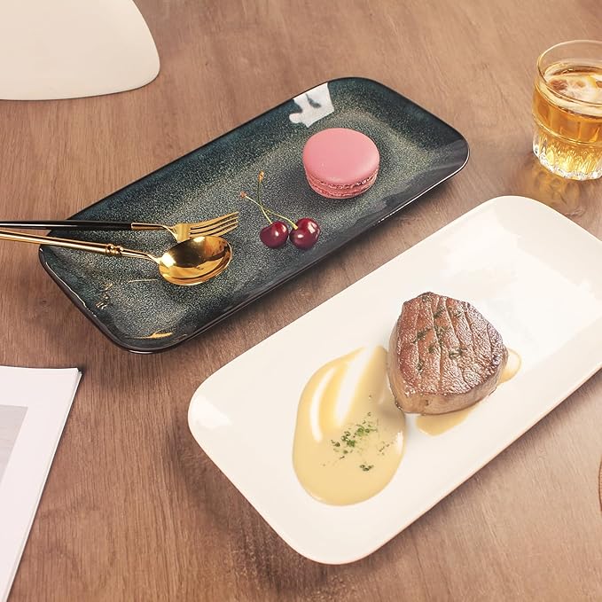 Serving Platters Set of 4, Rectangular Serving Plates, Serving Trays for Entertaining Party, Microwave,Oven,Dishwasher Safe,Kitchen Dinnerware, Blue reactive glaze 12.7 Inch-Ruum Studio Home