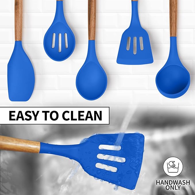 Zulay Kitchen Non-Stick Silicone Cooking Utensils Set with Acacia Wood Handles - 5 Piece Set - Heat Resistant to 464F - Dark Blue-Ruum Studio Home