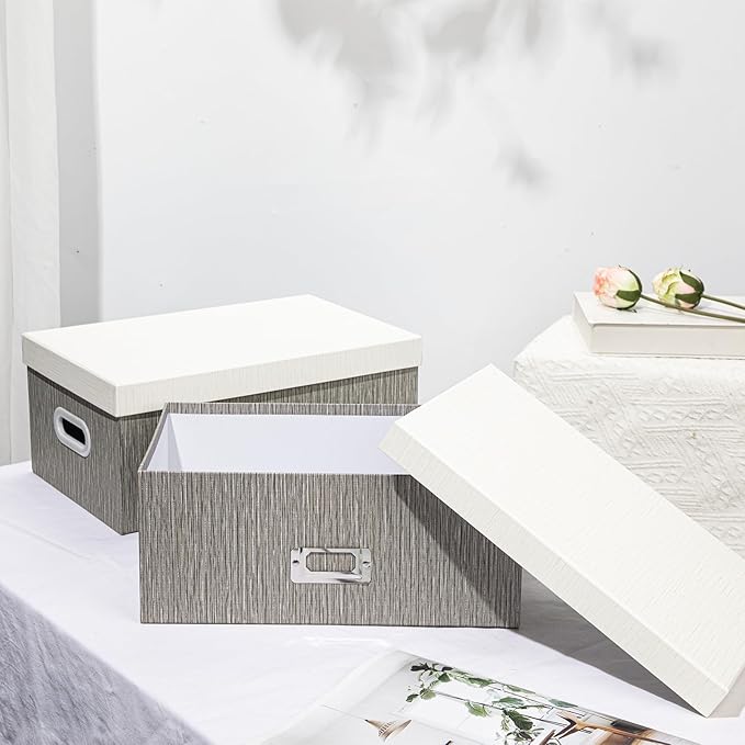 Briful Set of 2 Decorative Storage Boxes with Lids – Gray & White Nesting Organizer Bins, 14'' + 13'' Set Rectangular Fabric Covered Cardboard Boxes for Office, Closet, or Home Decor-Ruum Studio Home