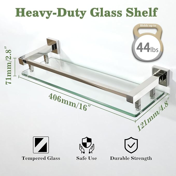 Alise Bathroom Glass Shelf with Stainless Steel Railing, Polished Chrome Small Tempered Glass Floating Wall Shelf Over The Toilet, 16 inch-Ruum Studio Home