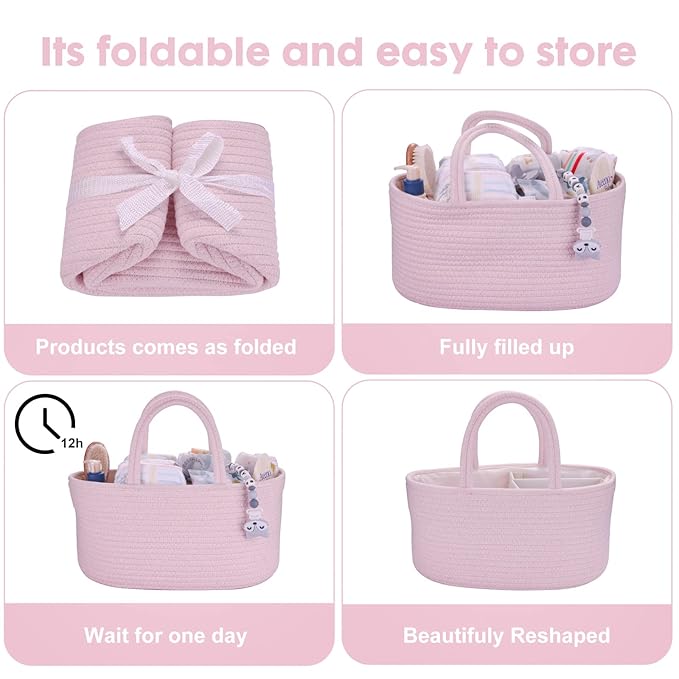 Baby Diaper Caddy Organizer for Girl Boy Rope Nursery Storage Bin Basket Portable Holder Tote Bag for Changing Table Car Travel Baby Shower Gifts Newborn Essentials Registry Must Have Items Pink-Ruum Studio Home