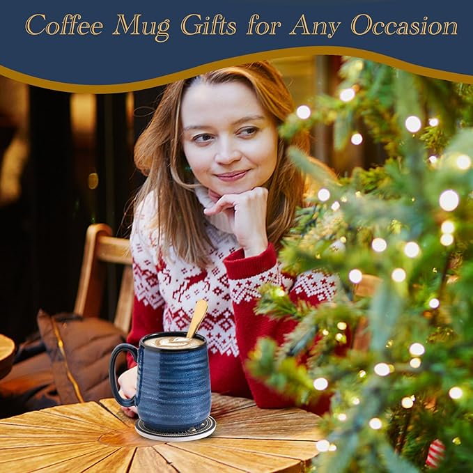 Hasense Coffee Mugs Set of 2, 12oz Ceramic Glazed Mugs with Handles, Blue Reactive Glazes Tea Cups Gift Set for Men and Women, Includes Gold Spoon & Coaster-Ruum Studio Home