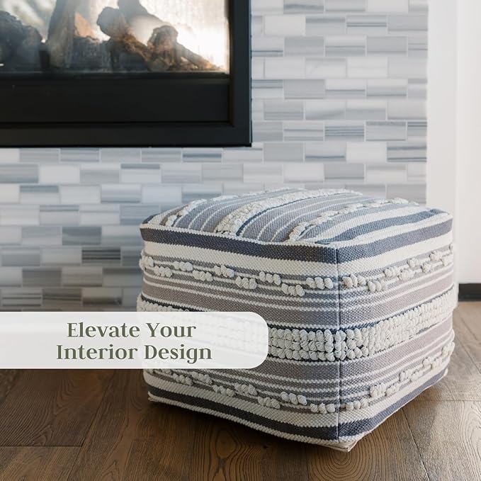 Pouf Ottoman, Square Hand Woven Loop and Striped Ottoman Pouf for Living Room or Bedroom, Floor Chair, Foot Rest or Decorative Home Decor-Ruum Studio Home