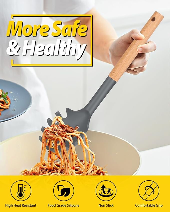 Silicone Pasta Fork and Ladle Spoon Set with Wooden Handle, Heat Resistant Non Stick Kitchen Utensils for Cooking, Stirring, Serving Spaghetti, Soup, Sauce(GRAY)-Ruum Studio Home